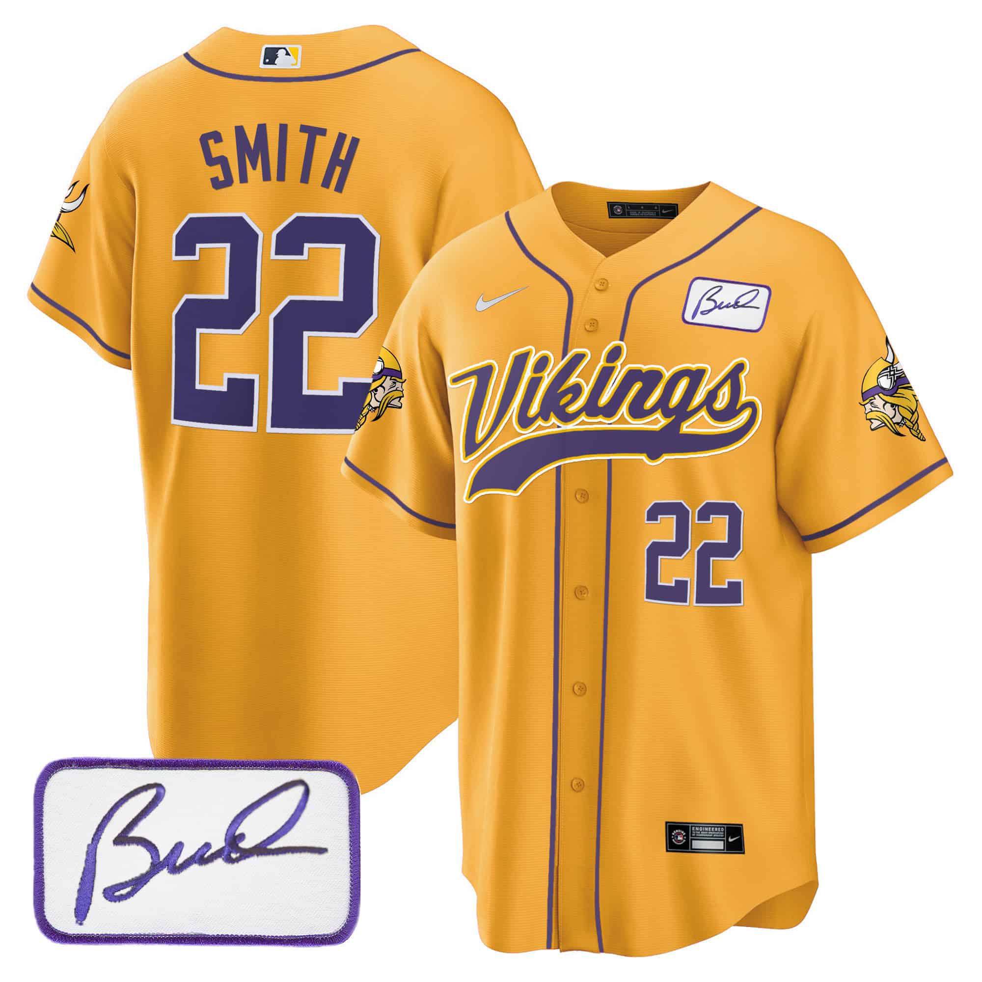 Men Minnesota Vikings 22 Smith Yellow 2024 Nike Bud Grant Patch Classic Baseball NFL Jersey